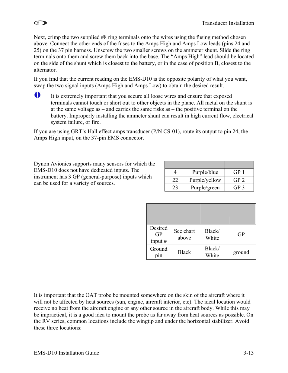 General purpose inputs, Outside air temperature sensor, Mount location | General purpose inputs -13, Your choice. see the general purpose inputs | Dynon Avionics EMS-D10 Installation Guide User Manual | Page 27 / 70