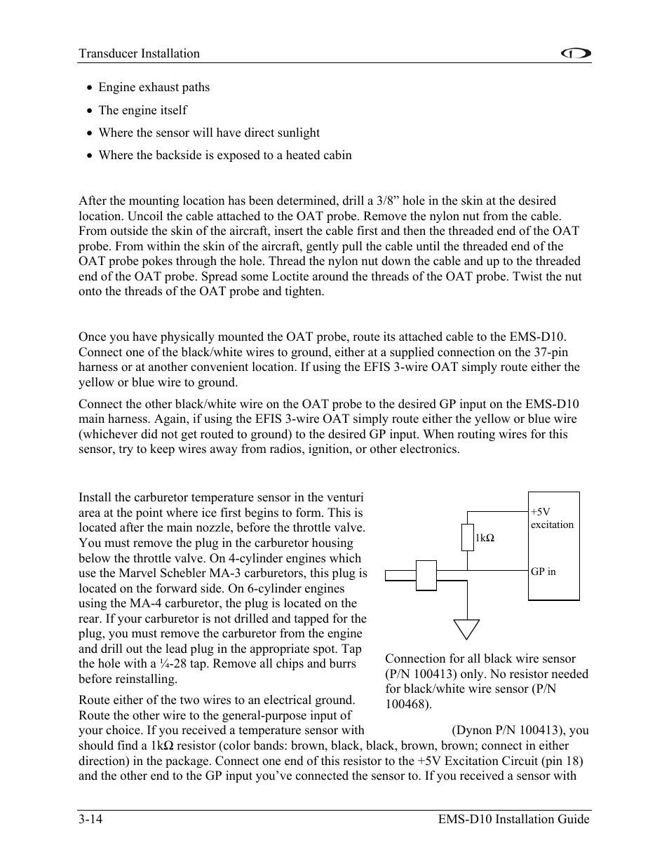 Mounting instructions, Wiring instructions, Carburetor temperature sensor | Dynon Avionics EMS-D10 Installation Guide User Manual | Page 28 / 70