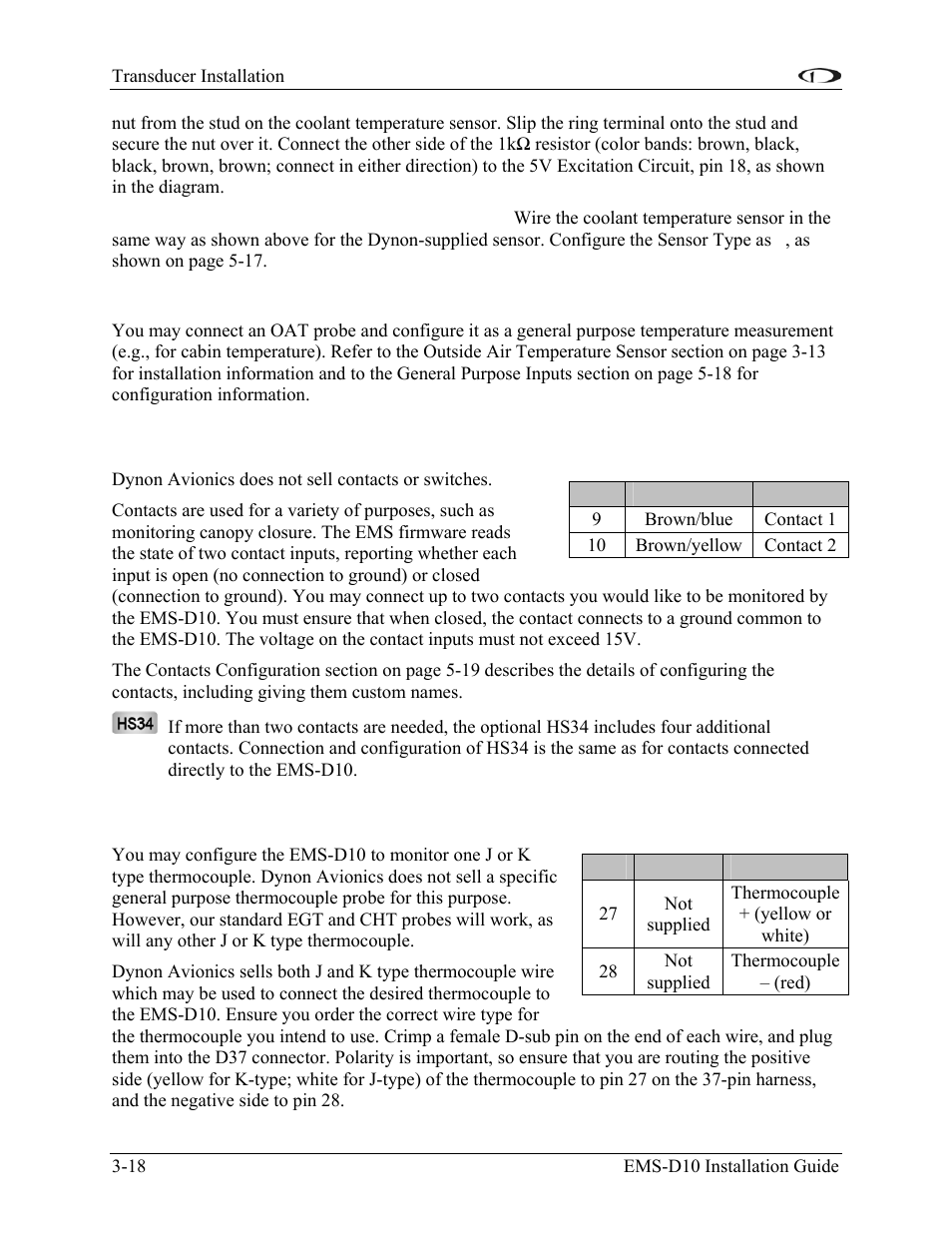 General purpose temperature sensor, Contacts, General purpose thermocouple | Contacts -18, General purpose thermocouple -18 | Dynon Avionics EMS-D10 Installation Guide User Manual | Page 32 / 70