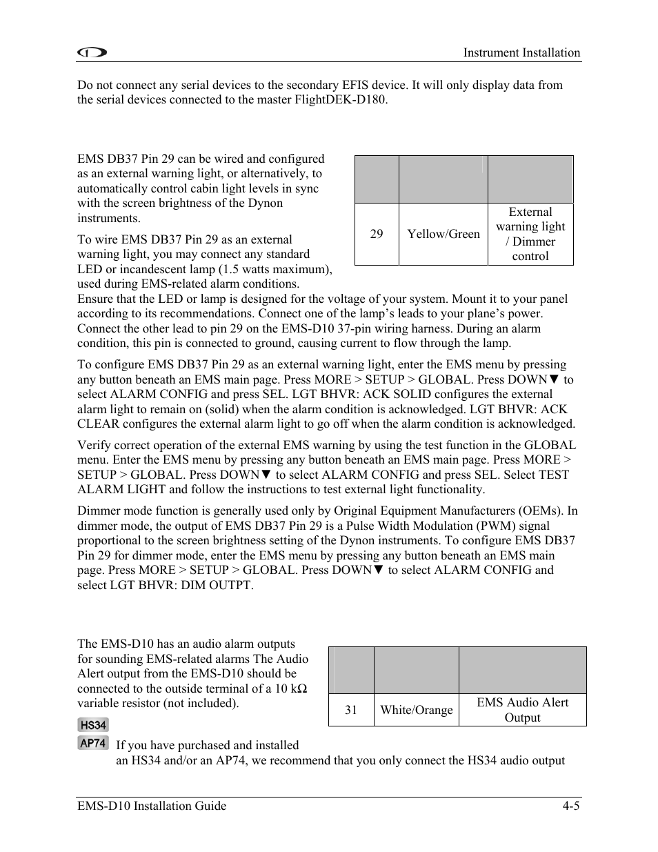 External ems warning light, Audio alert outputs, External ems warning light -5 | Audio alert outputs -5 | Dynon Avionics EMS-D10 Installation Guide User Manual | Page 37 / 70