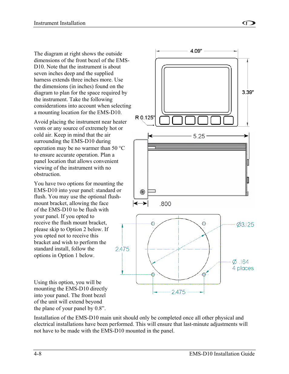 Panel location and mounting, Option 1: no mounting bracket, Panel location and mounting -8 | Dynon Avionics EMS-D10 Installation Guide User Manual | Page 40 / 70