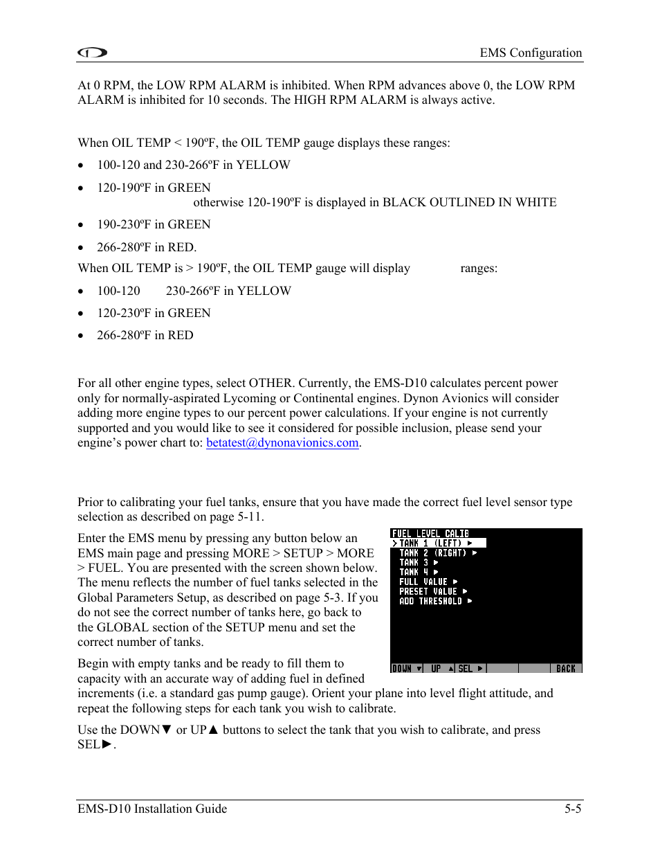 Engine type: other, Fuel level calibration, Fuel level calibration -5 | Dynon Avionics EMS-D10 Installation Guide User Manual | Page 47 / 70