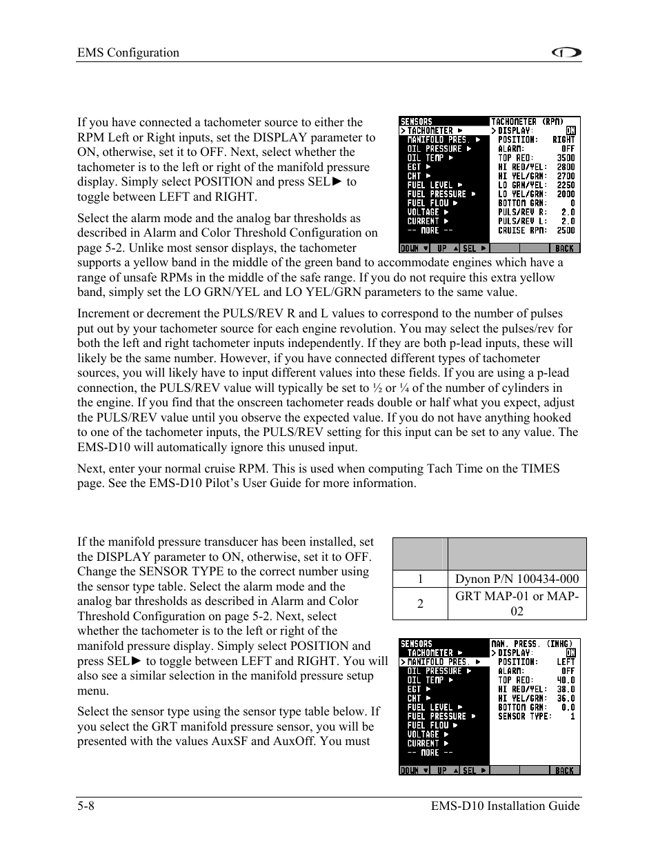Tachometer, Manifold pressure, Tachometer -8 | Manifold pressure -8 | Dynon Avionics EMS-D10 Installation Guide User Manual | Page 50 / 70