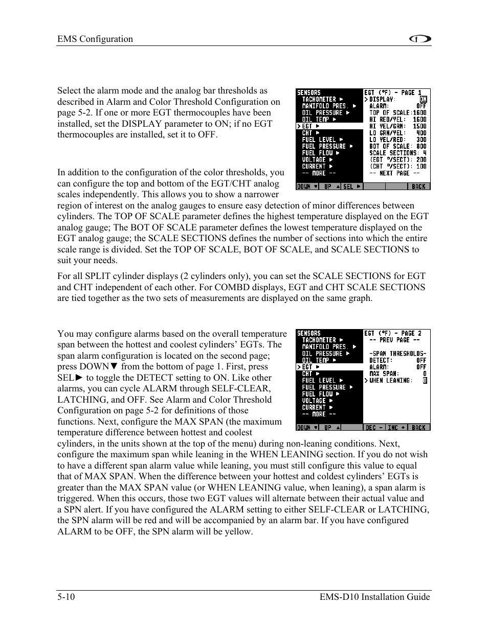 Exhaust gas temperature (egt), Span alarms, Exhaust gas temperature (egt) -10 | Dynon Avionics EMS-D10 Installation Guide User Manual | Page 52 / 70