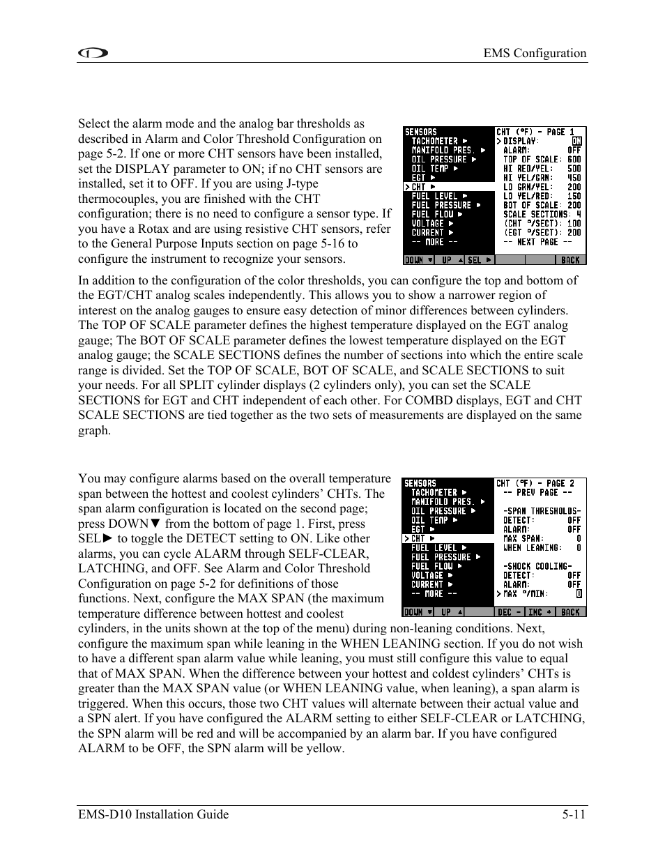 Cylinder head temperature (cht), Span alarms, Cylinder head temperature (cht) -11 | Dynon Avionics EMS-D10 Installation Guide User Manual | Page 53 / 70