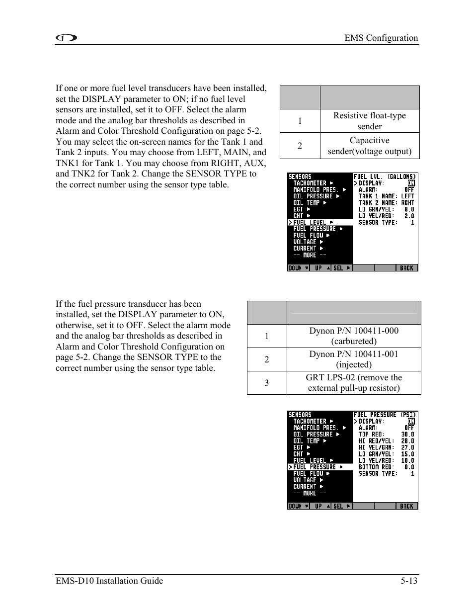 Fuel level, Fuel pressure, Fuel level -13 | Fuel pressure -13, Ve chosen as described in the fuel level | Dynon Avionics EMS-D10 Installation Guide User Manual | Page 55 / 70