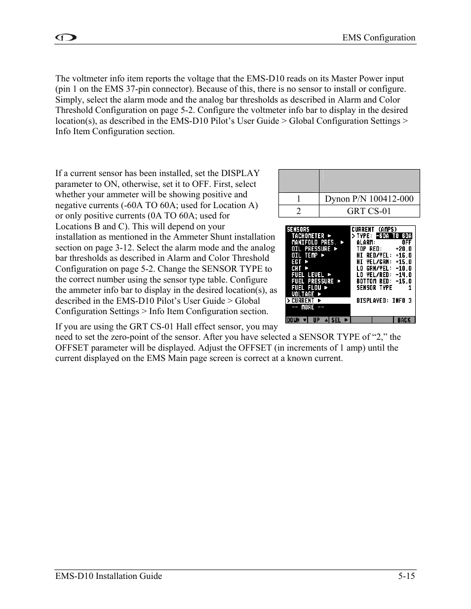 Voltage, Current, Voltage -15 | Current -15 | Dynon Avionics EMS-D10 Installation Guide User Manual | Page 57 / 70