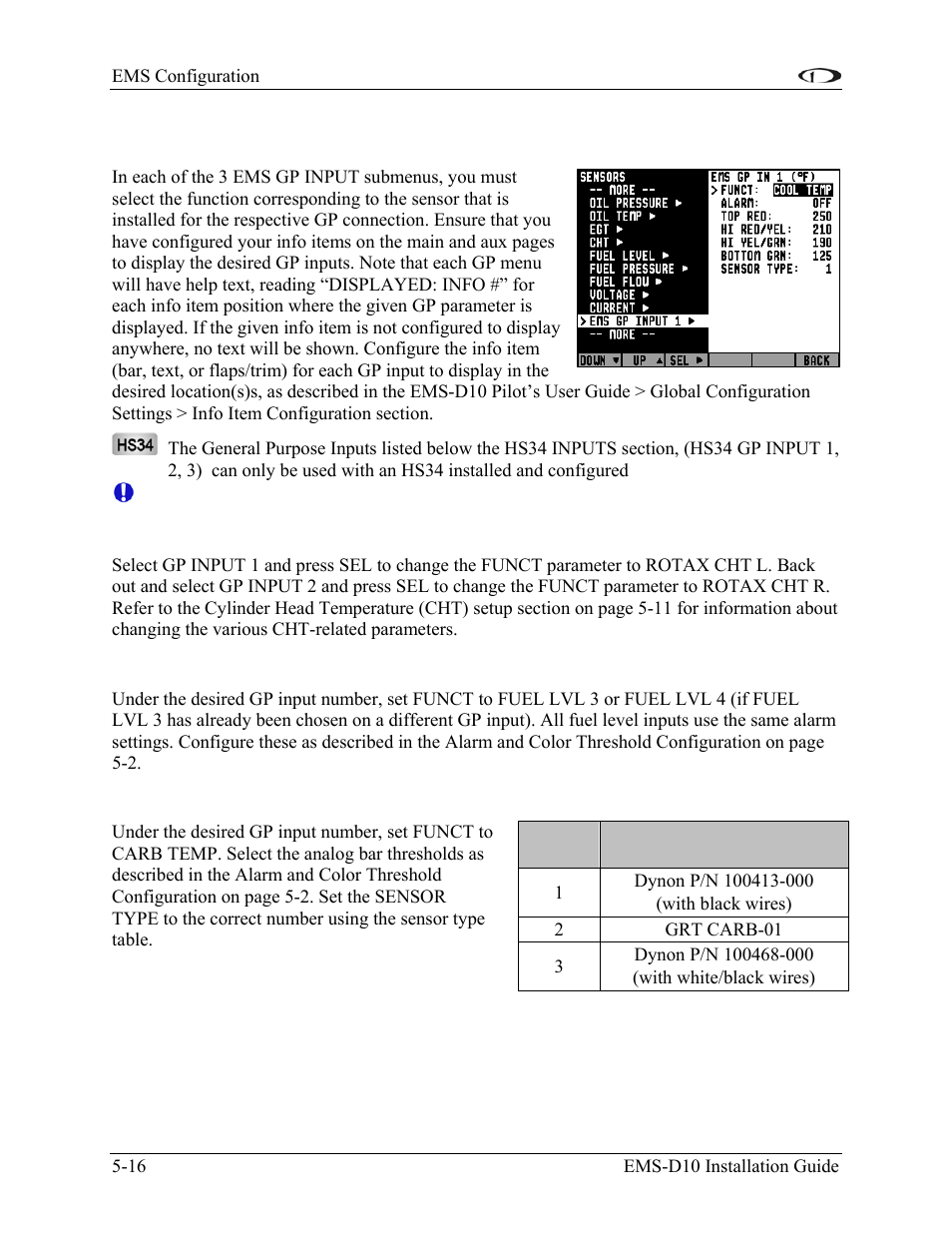 General purpose inputs, Rotax cht, Resistive fuel level | Carburetor temperature, General purpose inputs -16 | Dynon Avionics EMS-D10 Installation Guide User Manual | Page 58 / 70