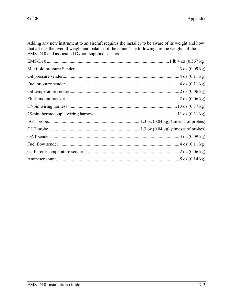 Appendix c: weights, Appendix c: weights -3 | Dynon Avionics EMS-D10 Installation Guide User Manual | Page 69 / 70