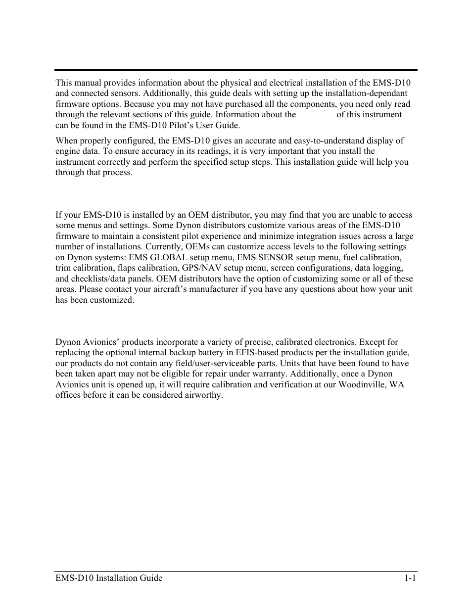 Introduction, Oem installations, Warning | Oem installations -1, Warning -1 | Dynon Avionics EMS-D10 Installation Guide User Manual | Page 7 / 70