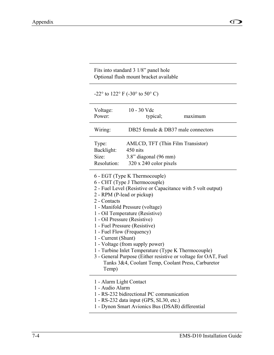 Appendix d: ems-d10 specifications, Appendix d: ems-d10 specifications -4 | Dynon Avionics EMS-D10 Installation Guide User Manual | Page 70 / 70