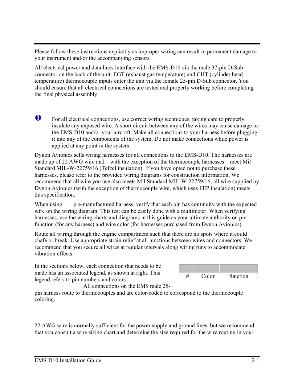 Wiring overview, Recommended wiring practices, Power requirements | Recommended wiring practices -1, Power requirements -1 | Dynon Avionics EMS-D10 Installation Guide User Manual | Page 9 / 70