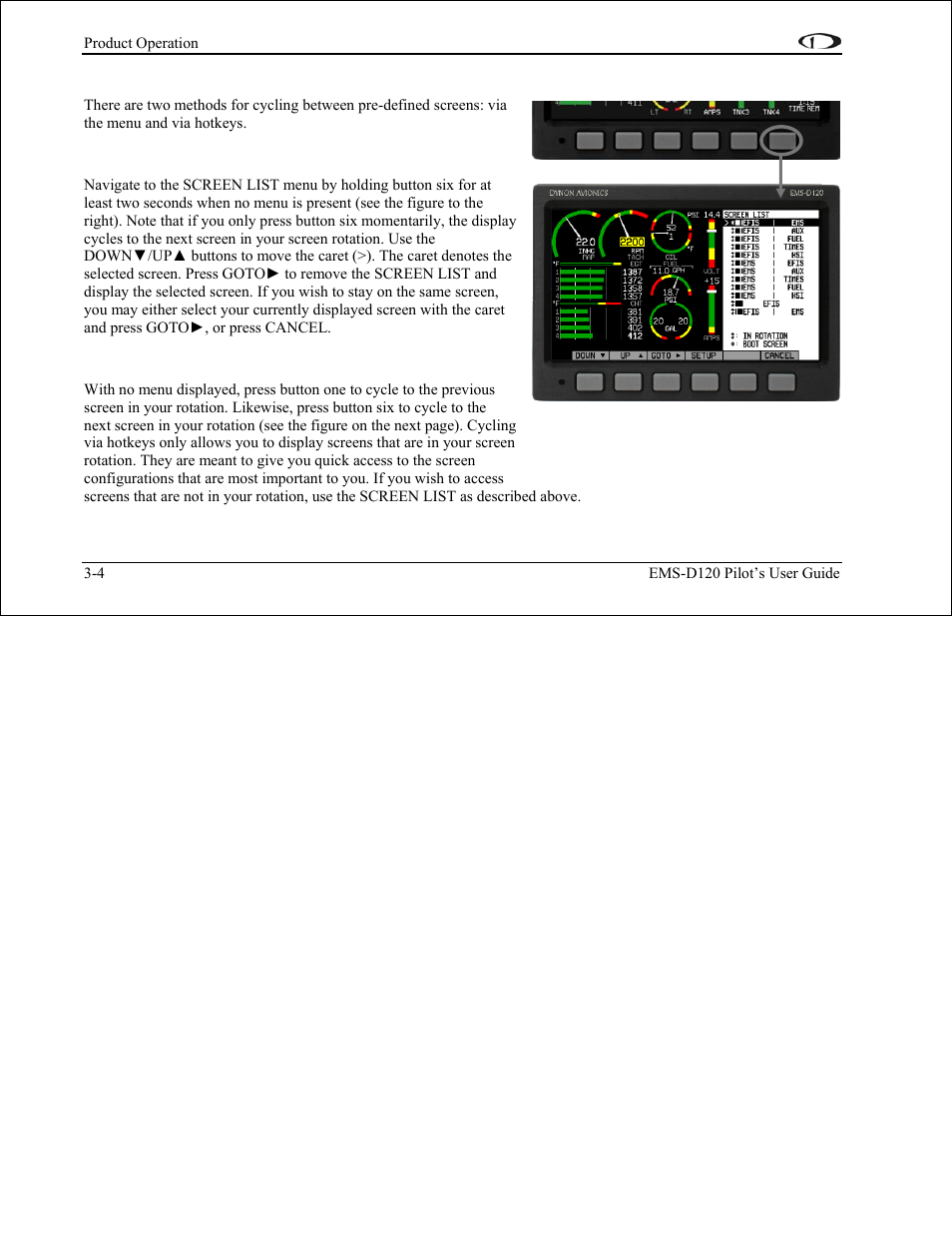 Cycling between screens, Screen cycling using the screen list, Screen cycling using hotkeys | Dynon Avionics EMS-D120 Pilots Users Guide User Manual | Page 14 / 46