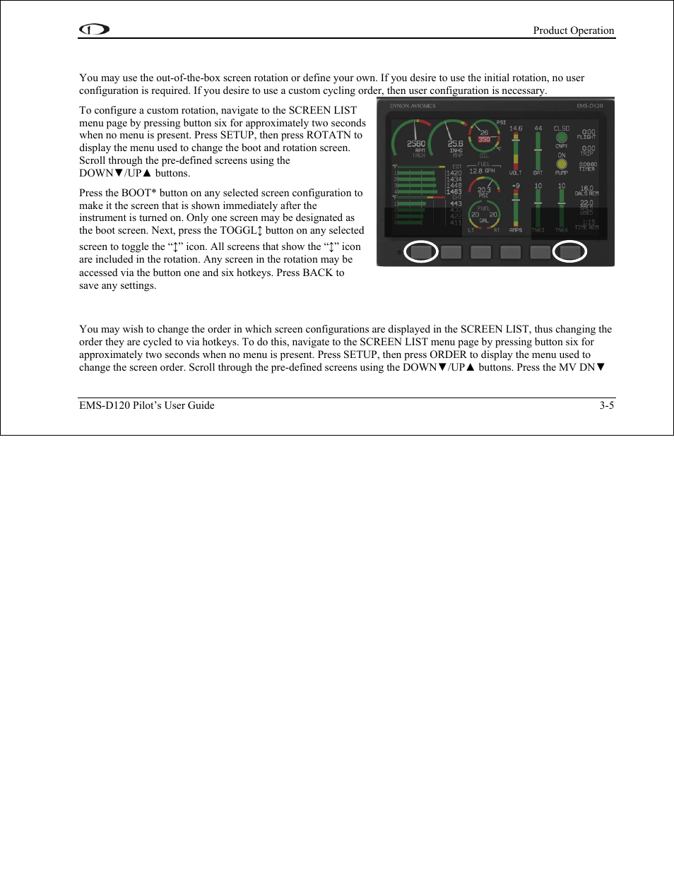 Changing the screen rotation, Changing the screen list order | Dynon Avionics EMS-D120 Pilots Users Guide User Manual | Page 15 / 46