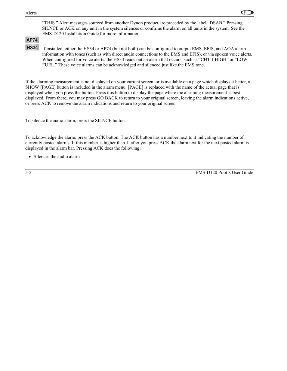 Alarm silencing, Alarm acknowledgement | Dynon Avionics EMS-D120 Pilots Users Guide User Manual | Page 25 / 46