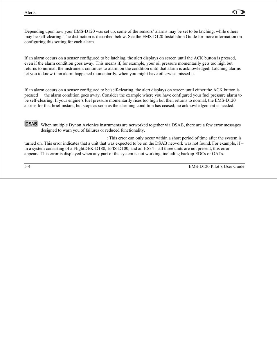 Latching and self-clearing alarms, Latching alarms, Self-clearing alarms | Dsab alerts, Latching and self-clearing alarms -4, Dsab alerts -4 | Dynon Avionics EMS-D120 Pilots Users Guide User Manual | Page 27 / 46