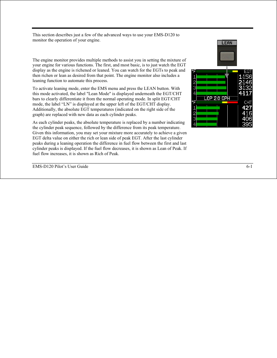 Ems monitoring functions, Engine leaning and power, Engine leaning and power -1 | Dynon Avionics EMS-D120 Pilots Users Guide User Manual | Page 29 / 46