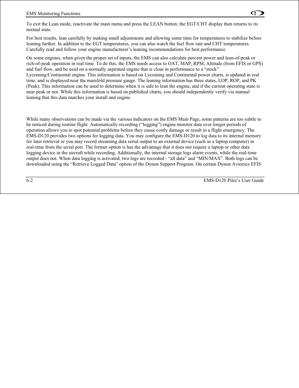 Data logging, Data logging -2 | Dynon Avionics EMS-D120 Pilots Users Guide User Manual | Page 30 / 46