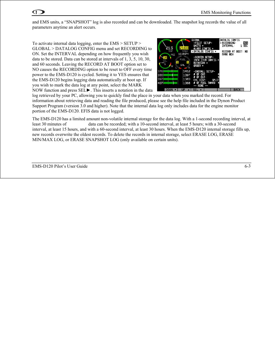 Internal logging | Dynon Avionics EMS-D120 Pilots Users Guide User Manual | Page 31 / 46