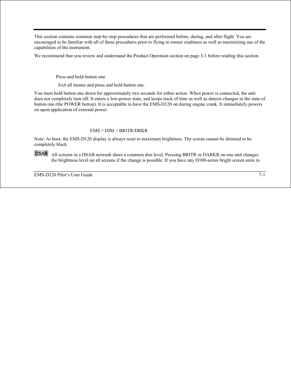 Ems operation, On/off, Display brightness (dim) | On/off -1, Display brightness (dim) -1 | Dynon Avionics EMS-D120 Pilots Users Guide User Manual | Page 33 / 46