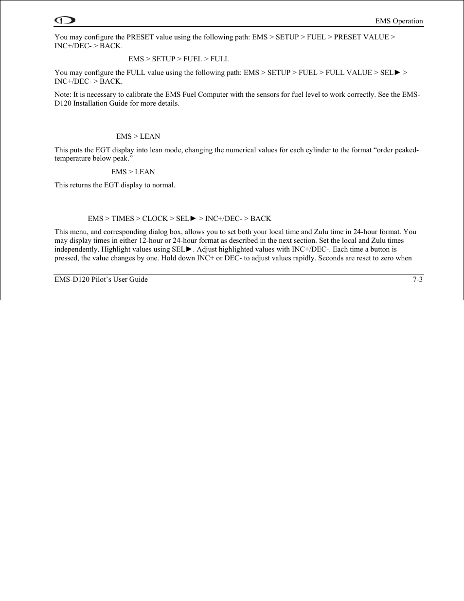 Engine leaning, Clock setup, Engine leaning -3 | Clock setup -3 | Dynon Avionics EMS-D120 Pilots Users Guide User Manual | Page 35 / 46