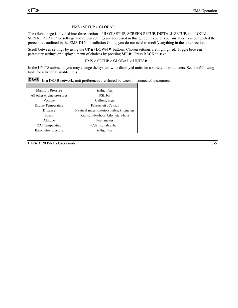 Global configuration settings, Global configuration settings -5 | Dynon Avionics EMS-D120 Pilots Users Guide User Manual | Page 37 / 46