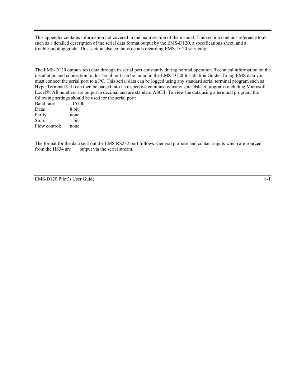 Appendix, Appendix a: serial data output, Ems serial data output | Appendix a: serial data output -1 | Dynon Avionics EMS-D120 Pilots Users Guide User Manual | Page 40 / 46