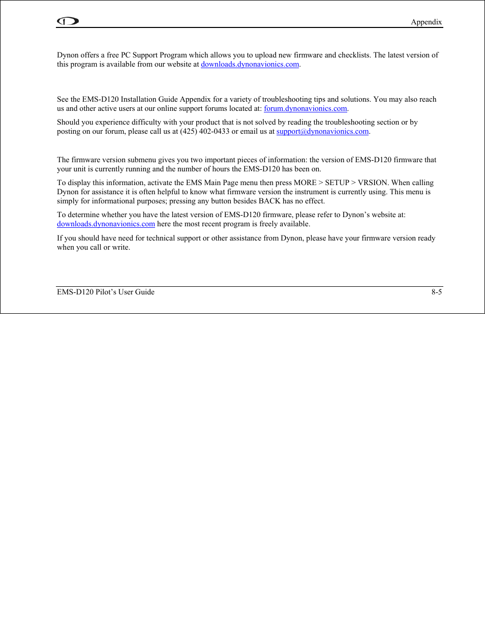 Appendix b: pc support program, Appendix c: troubleshooting, Firmware version display | Appendix b: pc support program -5, Appendix c: troubleshooting -5 | Dynon Avionics EMS-D120 Pilots Users Guide User Manual | Page 44 / 46