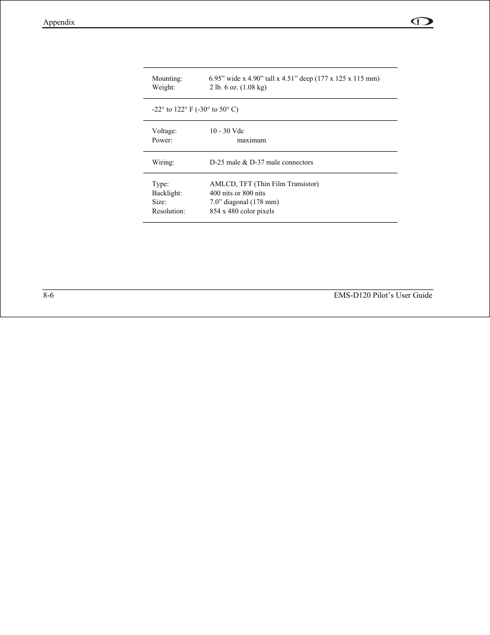 Appendix d: ems-d120 specifications, Appendix d: ems-d120 specifications -6 | Dynon Avionics EMS-D120 Pilots Users Guide User Manual | Page 45 / 46