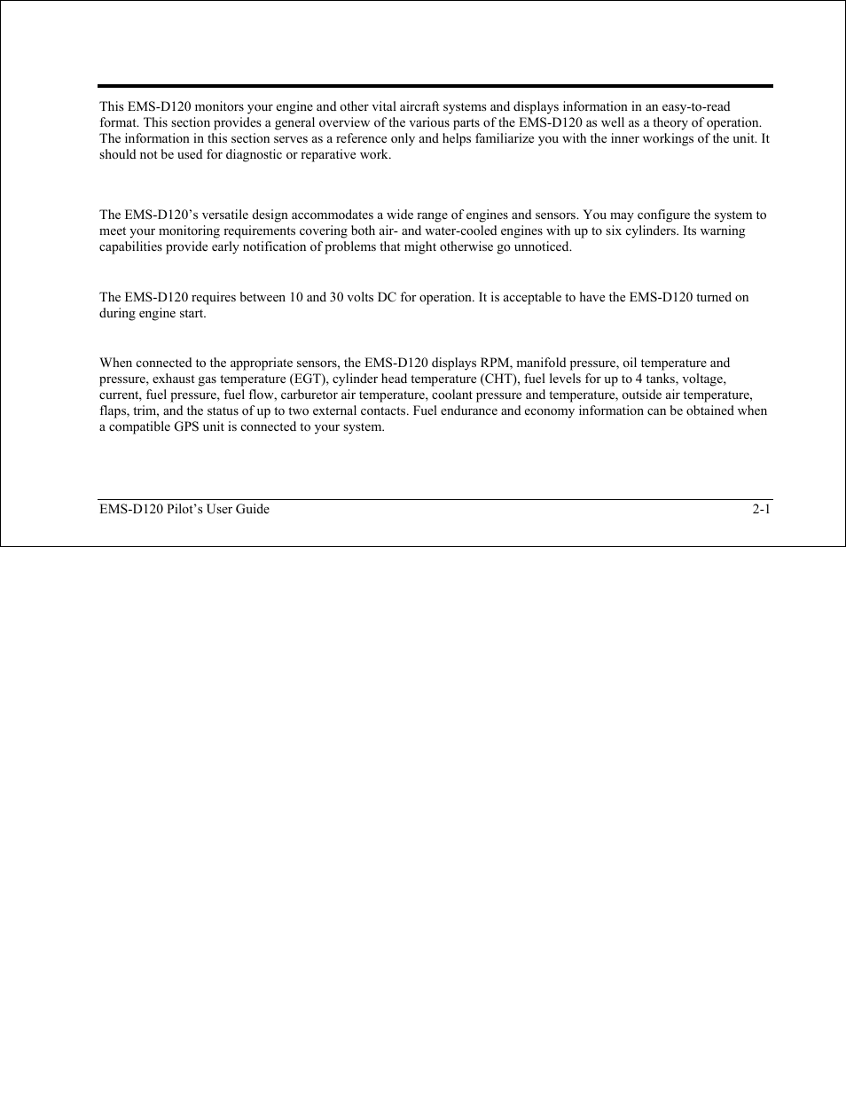 Product overview, Ems-d120 hardware, Power | Sensors and inputs, Ems-d120 hardware -1 | Dynon Avionics EMS-D120 Pilots Users Guide User Manual | Page 9 / 46