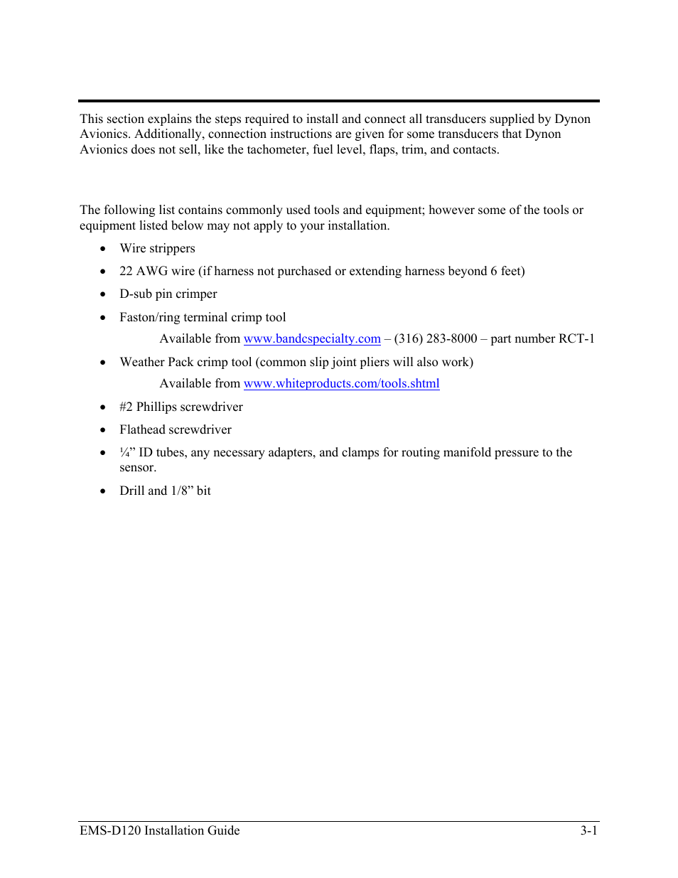 Transducer installation, Tools and equipment required, Tools and equipment required -1 | Dynon Avionics EMS-D120 Installation Guide User Manual | Page 15 / 70