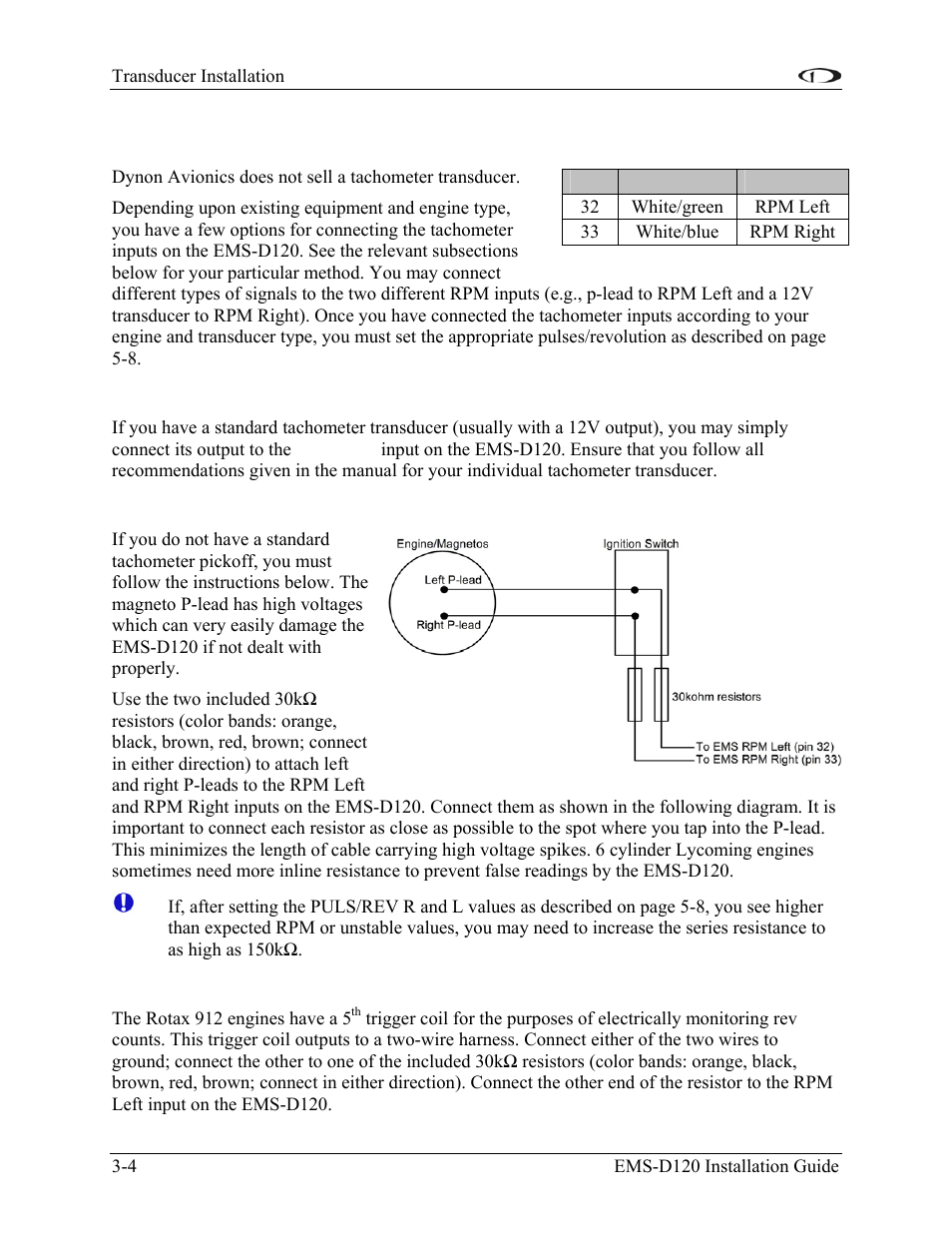 Tachometer, Tachometer transducer, P-lead pickoff (lycoming and continental) | Trigger coil (rotax), Tachometer -4 | Dynon Avionics EMS-D120 Installation Guide User Manual | Page 18 / 70