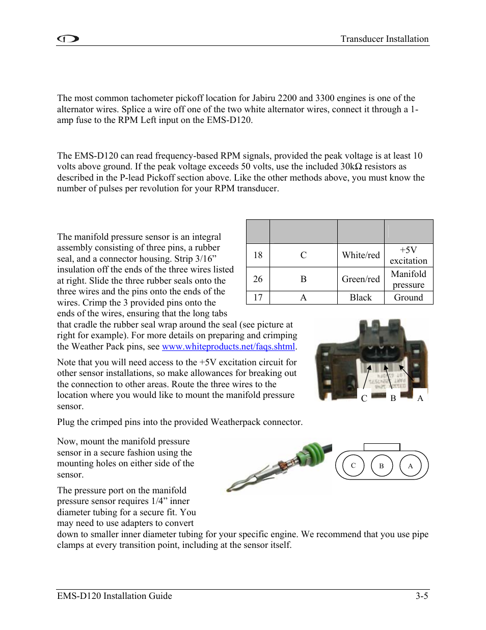 Alternator wire (jabiru), Digital ignition and other pickoffs, Manifold pressure sensor | Manifold pressure sensor -5 | Dynon Avionics EMS-D120 Installation Guide User Manual | Page 19 / 70
