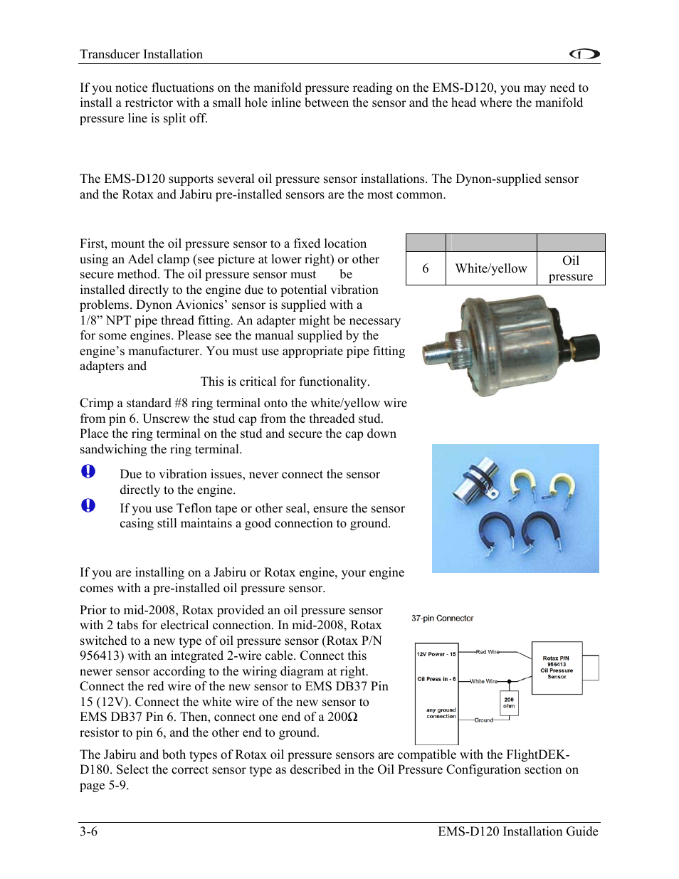 Oil pressure sensor, Dynon-supplied oil pressure sensor, Jabiru and rotax oil pressure | Oil pressure sensor -6 | Dynon Avionics EMS-D120 Installation Guide User Manual | Page 20 / 70