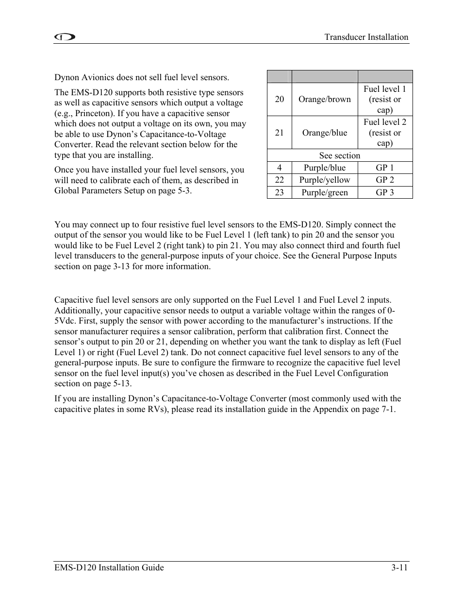 Fuel level sensor, Resistive fuel level sensor, Capacitive fuel level sensor | Fuel level sensor -11 | Dynon Avionics EMS-D120 Installation Guide User Manual | Page 25 / 70