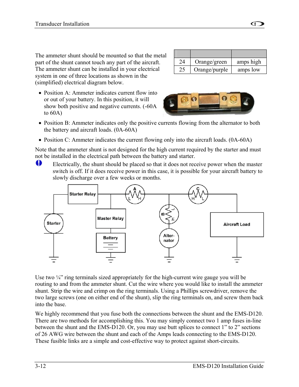 Ammeter shunt, Ammeter shunt -12 | Dynon Avionics EMS-D120 Installation Guide User Manual | Page 26 / 70