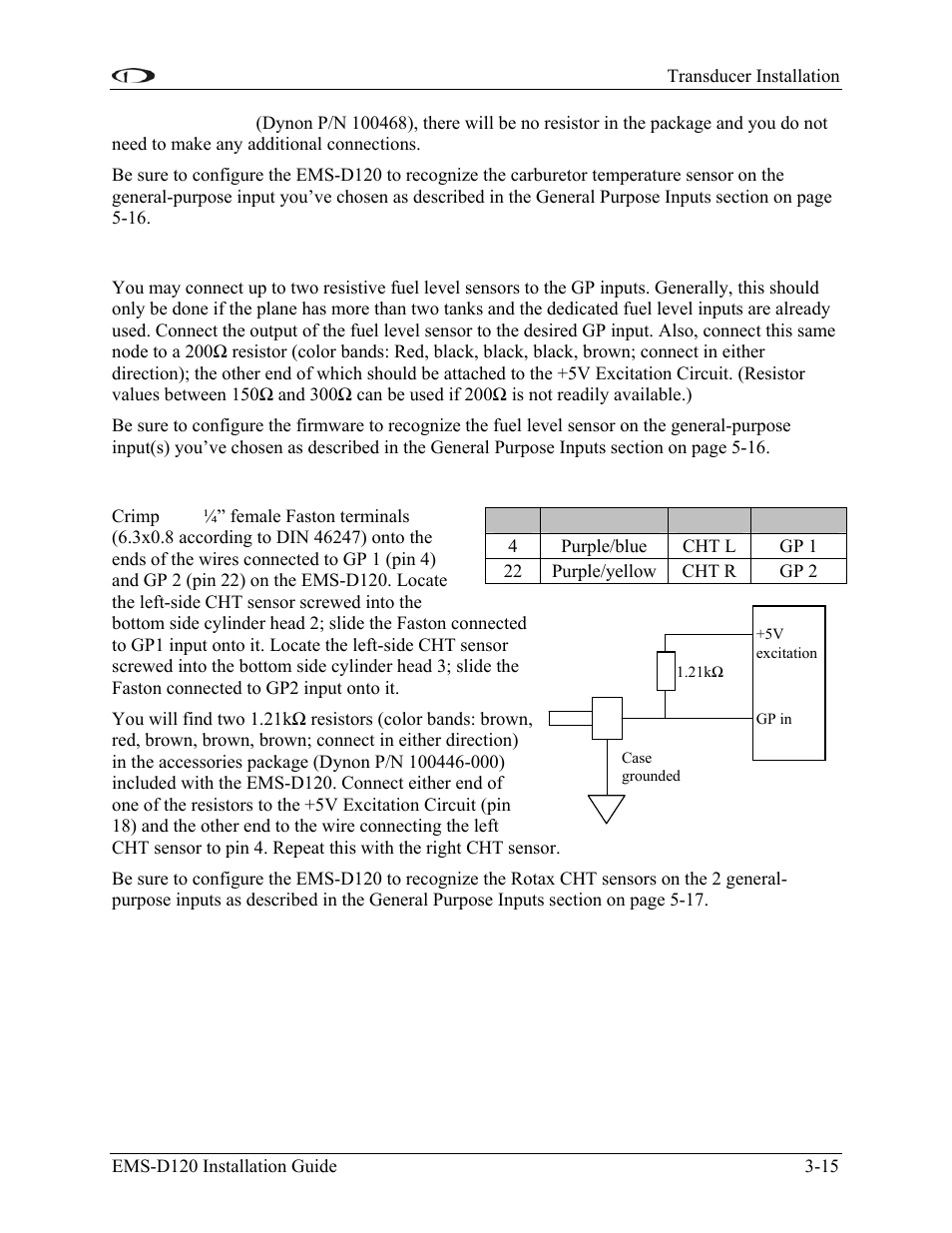 Fuel level (resistive) sensors, Rotax cht sensors | Dynon Avionics EMS-D120 Installation Guide User Manual | Page 29 / 70