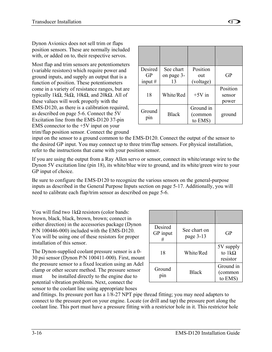 Trim and flaps position potentiometers, Coolant pressure sensor | Dynon Avionics EMS-D120 Installation Guide User Manual | Page 30 / 70