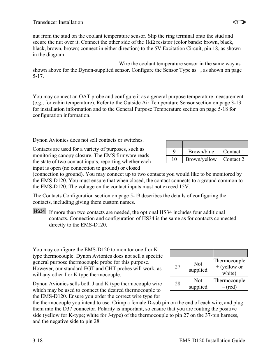 General purpose temperature sensor, Contacts, General purpose thermocouple | Contacts -18, General purpose thermocouple -18 | Dynon Avionics EMS-D120 Installation Guide User Manual | Page 32 / 70