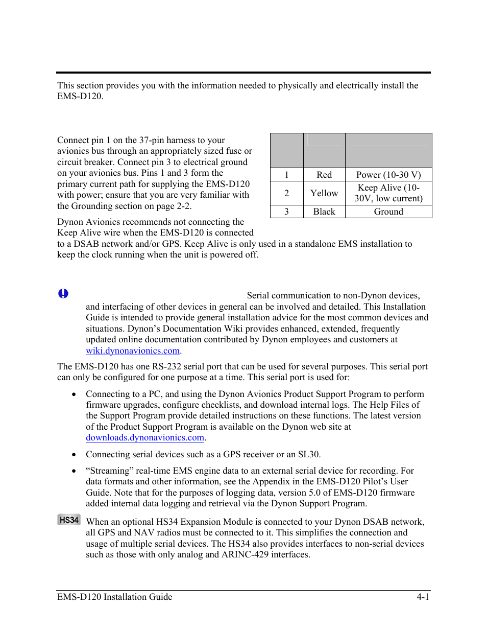 Instrument installation, Power bus wiring, Serial communication cables | Power bus wiring -1, Serial communication cables -1 | Dynon Avionics EMS-D120 Installation Guide User Manual | Page 33 / 70