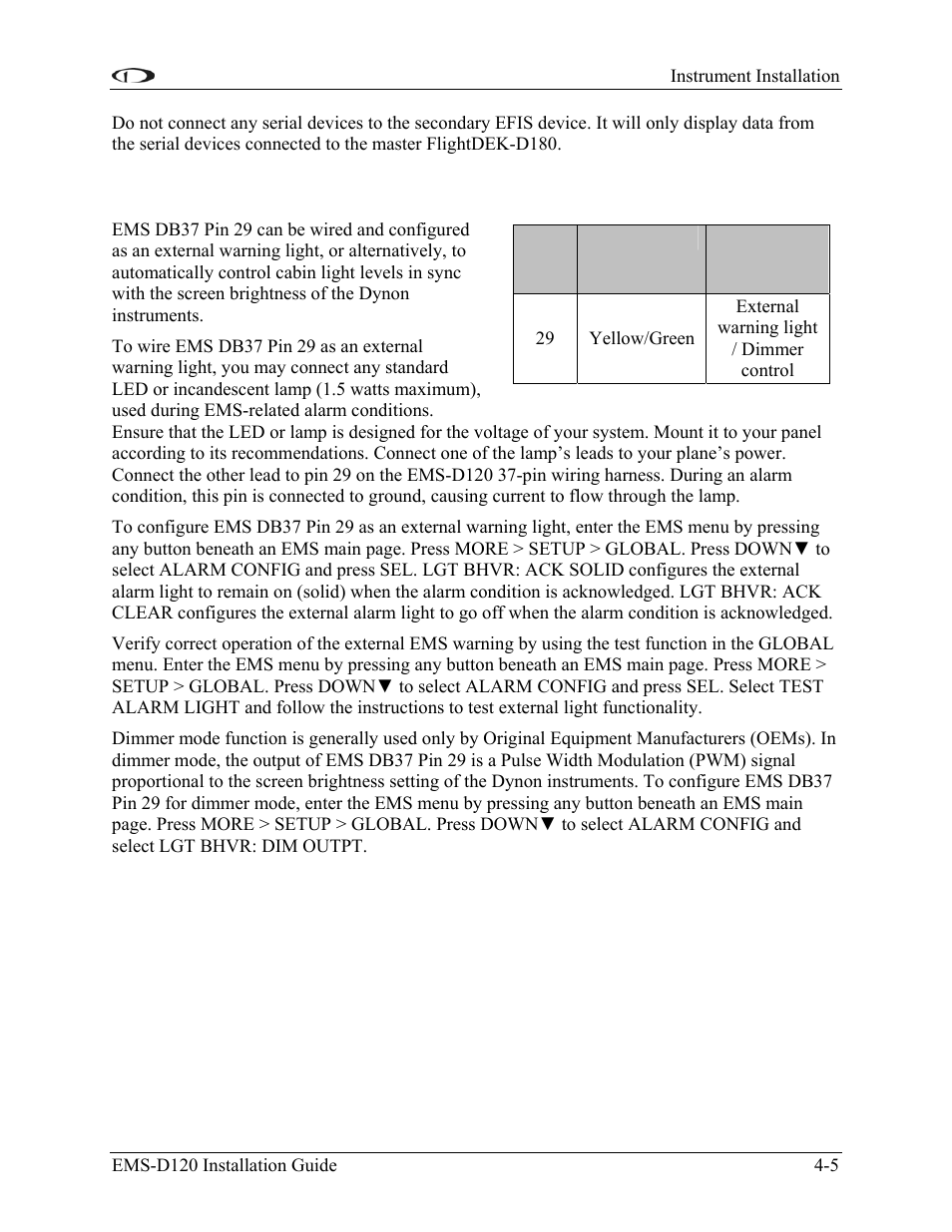 External ems warning light, External ems warning light -5 | Dynon Avionics EMS-D120 Installation Guide User Manual | Page 37 / 70
