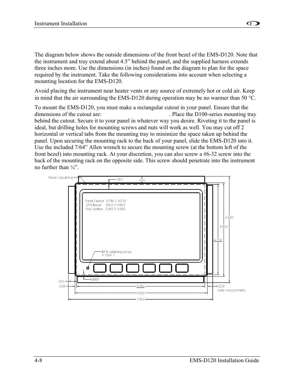 Panel location and mounting, Panel location and mounting -8 | Dynon Avionics EMS-D120 Installation Guide User Manual | Page 40 / 70