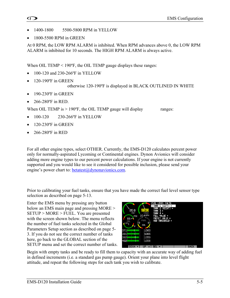 Engine type: other, Fuel level calibration, Fuel level calibration -5 | Dynon Avionics EMS-D120 Installation Guide User Manual | Page 45 / 70