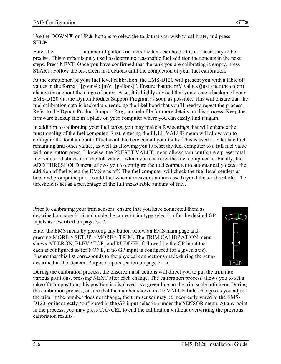Trim calibration, Trim calibration -6 | Dynon Avionics EMS-D120 Installation Guide User Manual | Page 46 / 70