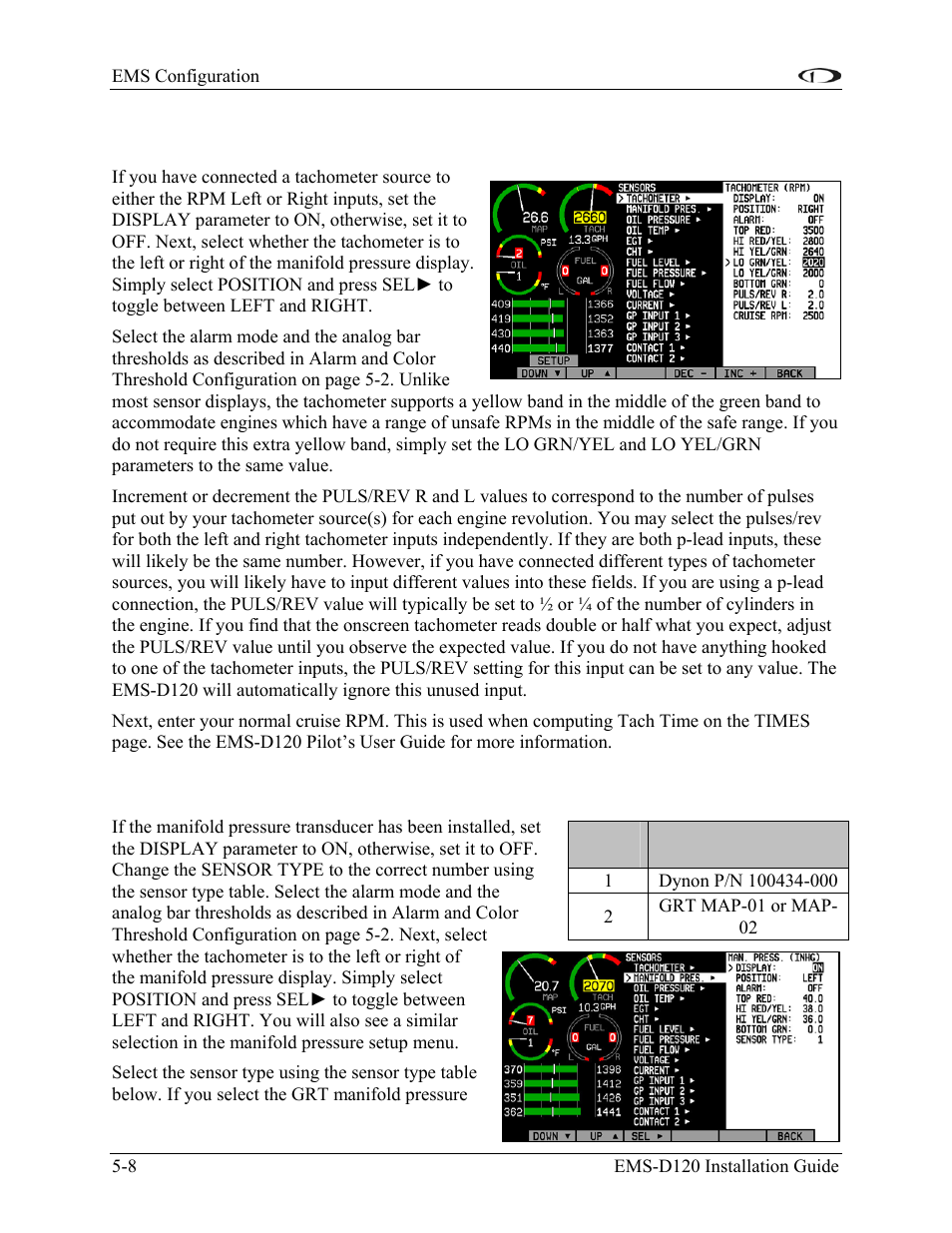 Tachometer, Manifold pressure, Tachometer -8 | Manifold pressure -8 | Dynon Avionics EMS-D120 Installation Guide User Manual | Page 48 / 70