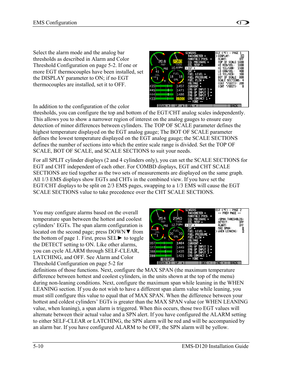 Exhaust gas temperature (egt), Span alarms, Exhaust gas temperature (egt) -10 | Dynon Avionics EMS-D120 Installation Guide User Manual | Page 50 / 70