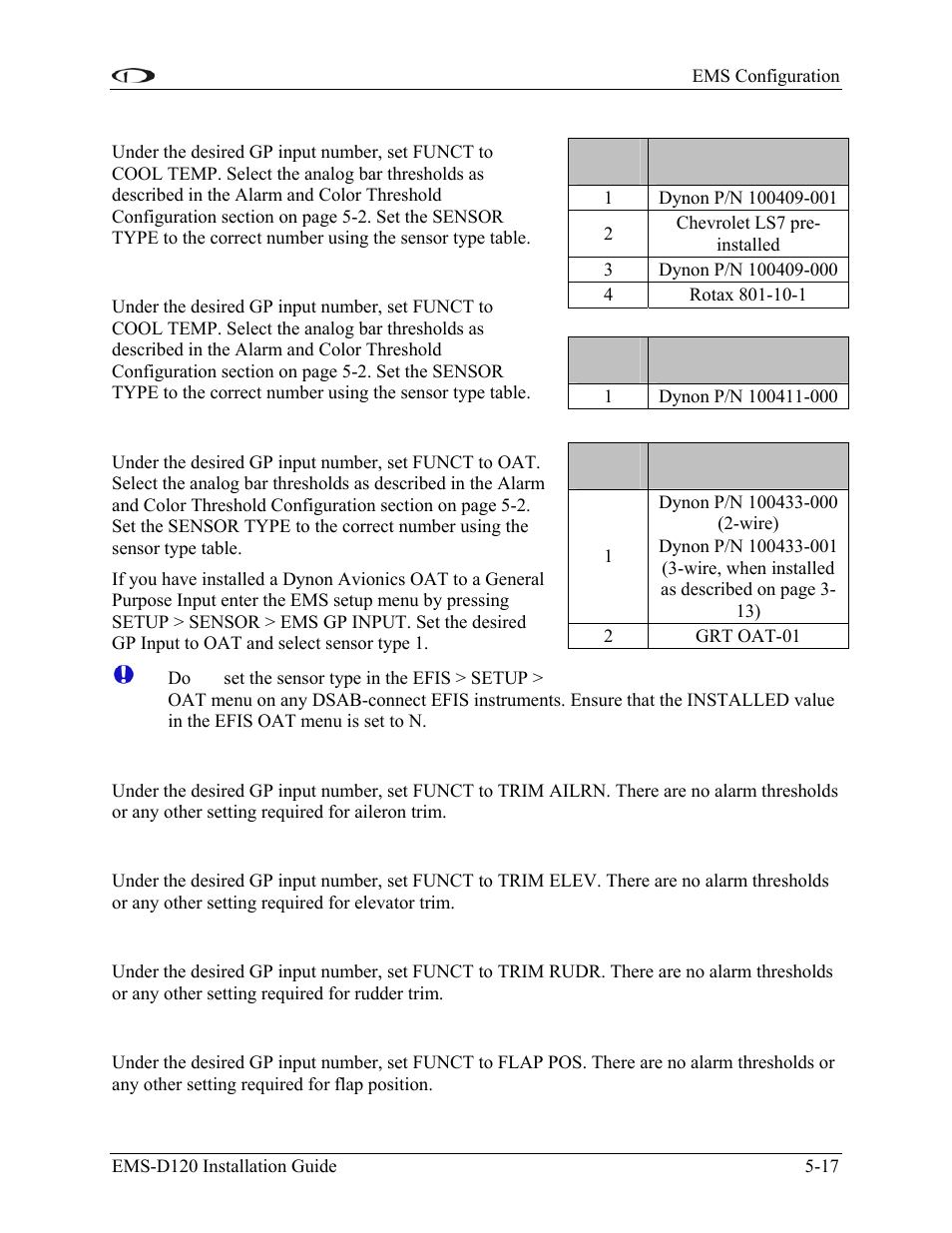 Coolant temperature, Coolant pressure, Outside air temperature sensor | Aileron trim, Elevator trim, Rudder trim, Flap position | Dynon Avionics EMS-D120 Installation Guide User Manual | Page 57 / 70