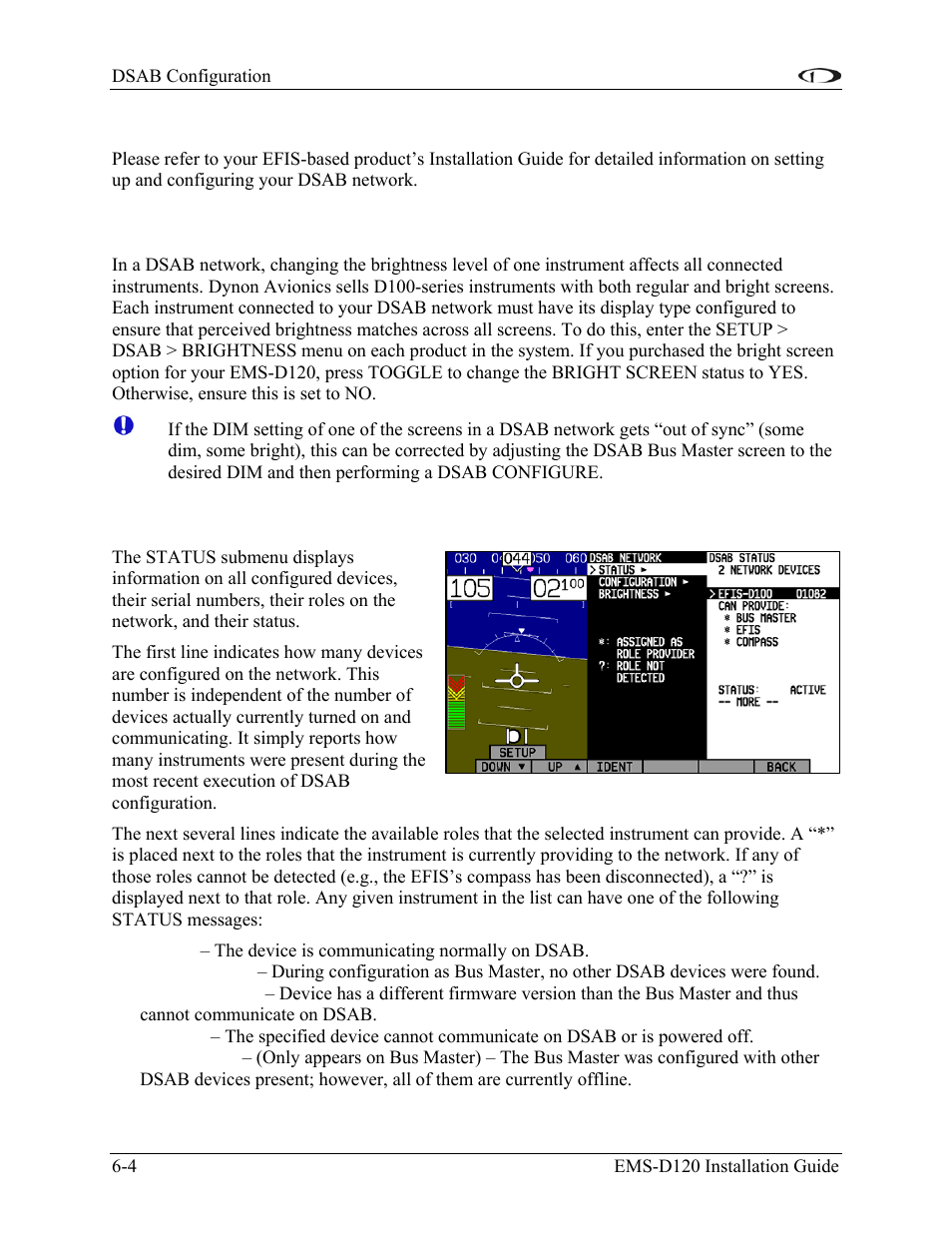 Initial setup, Brightness configuration, Network status | Initial setup -4, Brightness configuration -4, Network status -4 | Dynon Avionics EMS-D120 Installation Guide User Manual | Page 64 / 70
