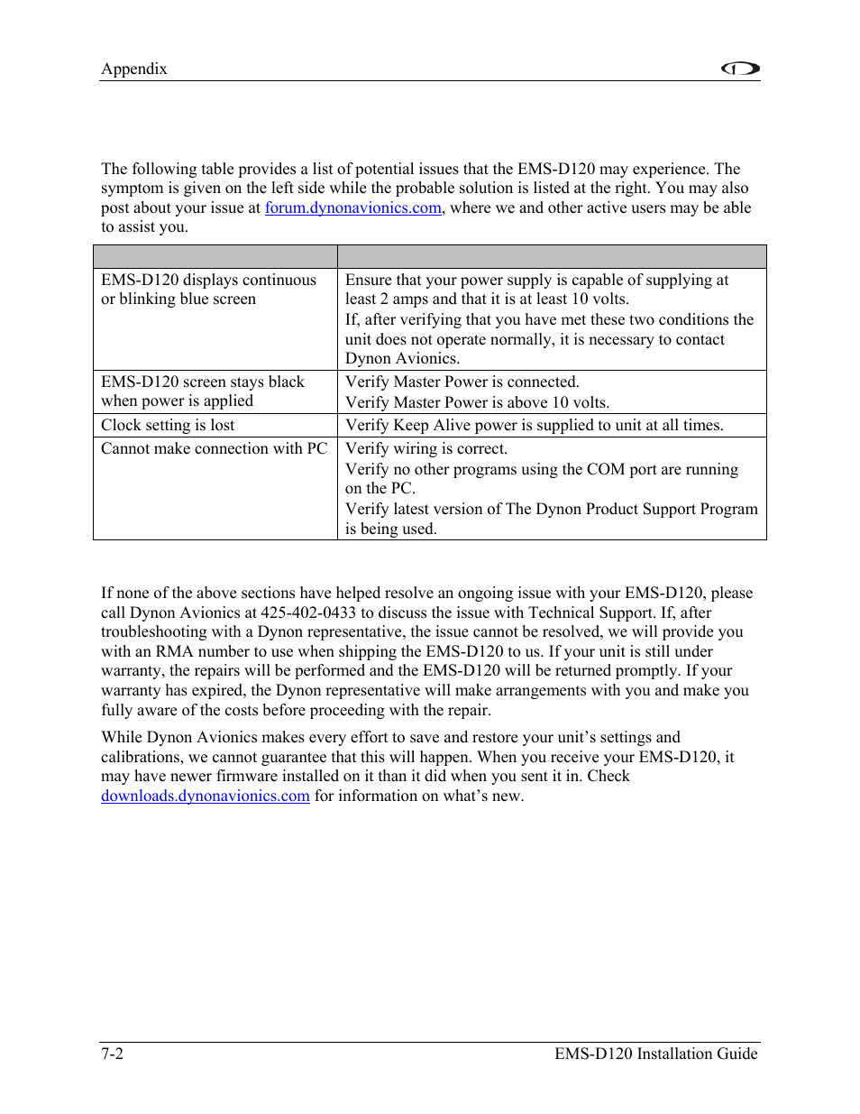 Appendix b: troubleshooting, Instructions for return, Appendix b: troubleshooting -2 | Dynon Avionics EMS-D120 Installation Guide User Manual | Page 68 / 70