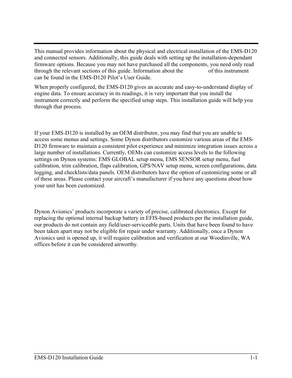 Introduction, Oem installations, Warning | Oem installations -1, Warning -1 | Dynon Avionics EMS-D120 Installation Guide User Manual | Page 7 / 70